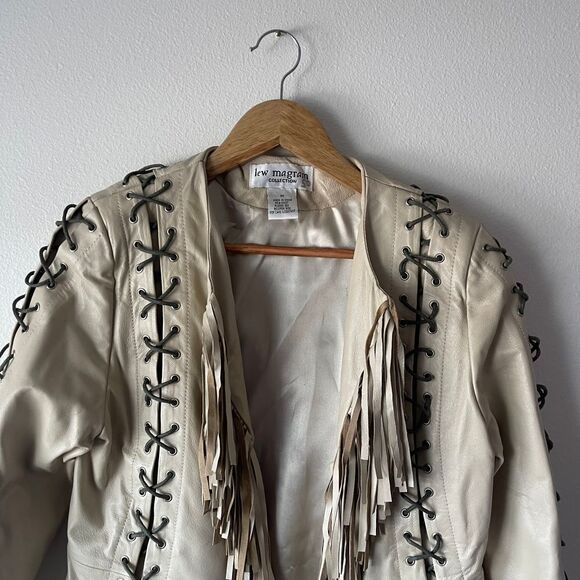 Vintage Lew Magram Collection White Fringe Western Pig Nappa Leather Jacket - Picture 2 of 12